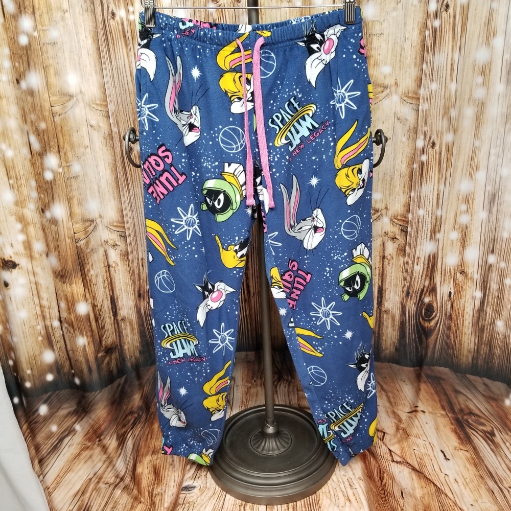Space Jam Graphic Print Fuzzy Women's M Drawstring Jogger Pajama Pants